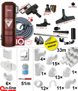 Centrálny vysávač Cyclovac H2025 (750 AW) + Sada príslušenstva STANDARD s hadicou 9,1 m (10 ks), Inštalačná sada potrubia: 33 m - 6x zásuvka. Záruka 10 rokov